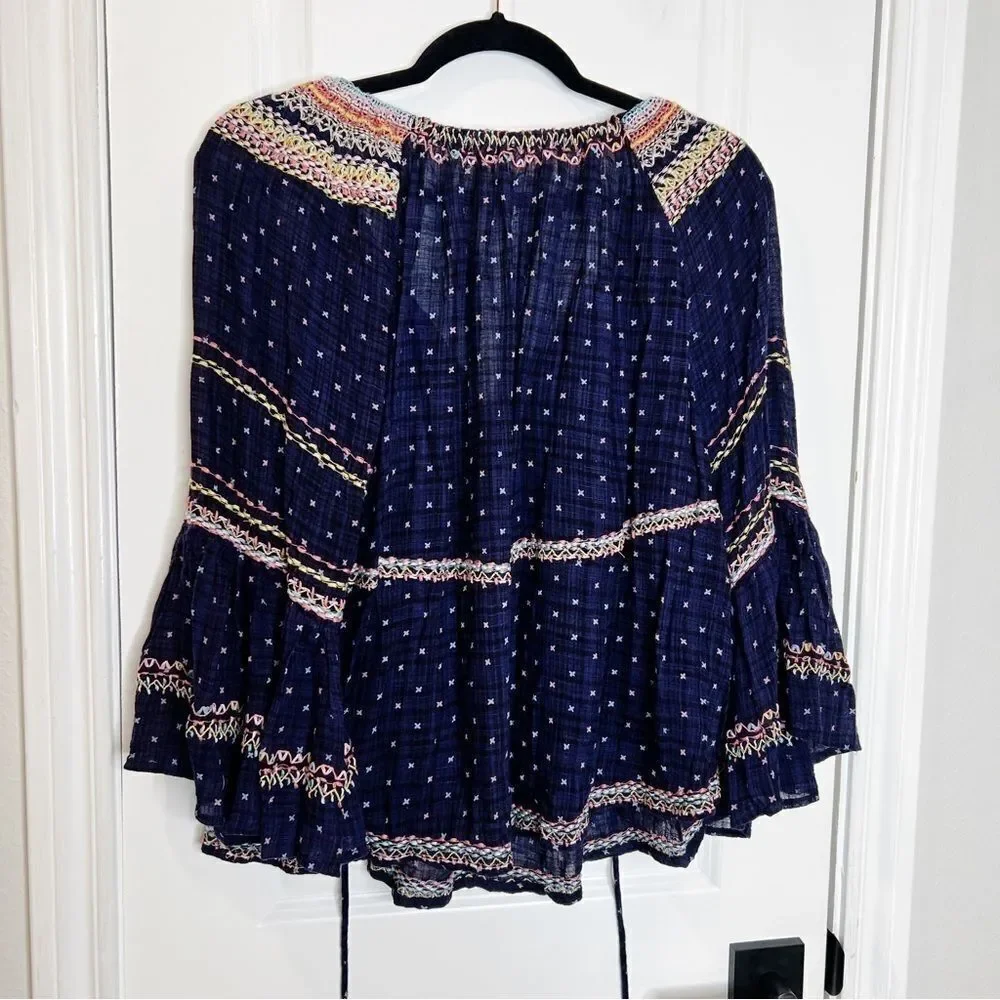 Free People Talia Embroidered Blouse Size XS Navy Blue ,